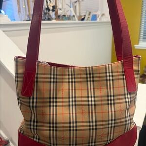Burberry Beige Checkered Shoulder Bag with Red Accents